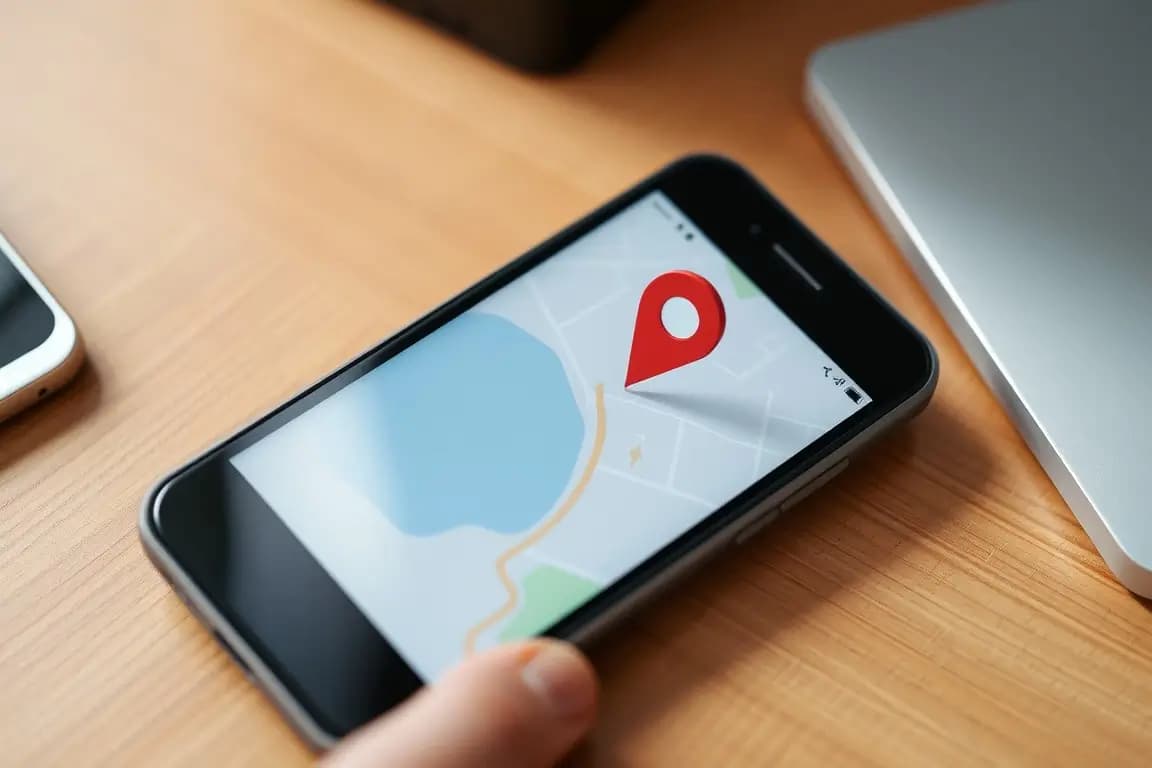 Smartfon leżący na biurku z otwartą aplikacją map i widoczną czerwoną pinezką lokalizacji, symbolizujący problem z działaniem GPS w telefonie.
