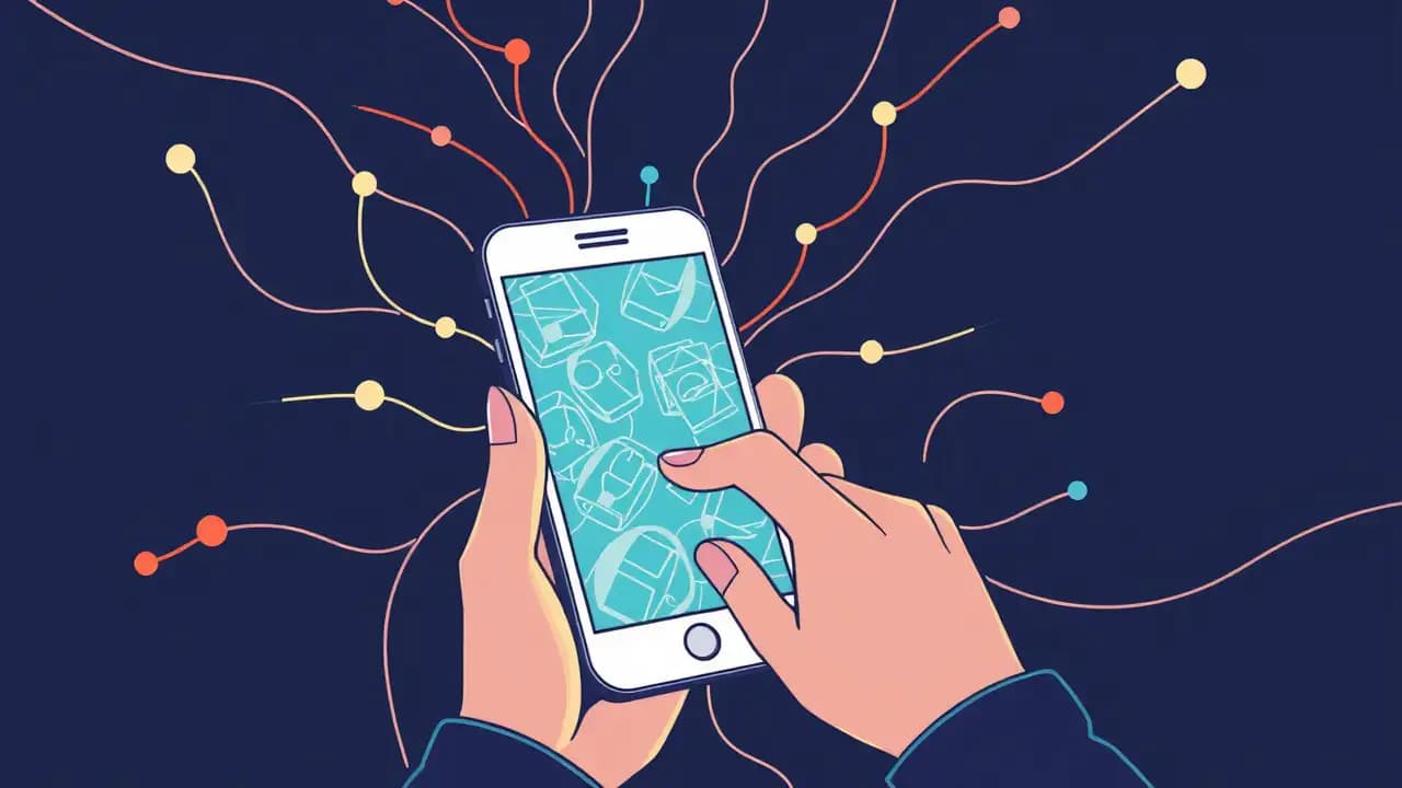 Ilustracja przedstawiająca ręce trzymające telefon komórkowy, symbolizująca analizę i bezpieczeństwo urządzenia mobilnego, odnosząca się do sposobów sprawdzania, czy telefon może być na podsłuchu.