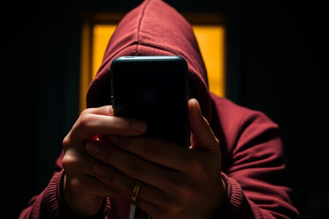 Osoba w czerwonej bluzie z kapturem trzymająca smartfon na ciemnym tle z żółtym światłem w oddali, obrazująca ryzyko zakupu kradzionego telefonu i potrzebę weryfikacji jego pochodzenia