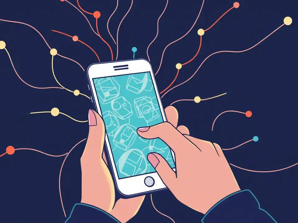 Ilustracja przedstawiająca ręce trzymające telefon komórkowy, symbolizująca analizę i bezpieczeństwo urządzenia mobilnego, odnosząca się do sposobów sprawdzania, czy telefon może być na podsłuchu.