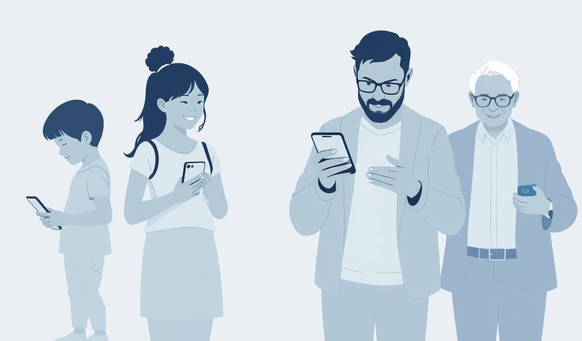 Ilustracja wektorowa przedstawiająca cztery osoby różnych pokoleń korzystające z telefonów komórkowych: dziecko, nastolatkę, dorosłego mężczyznę i starszego pana, w nowoczesnym minimalistycznym stylu, na jasnym tle.