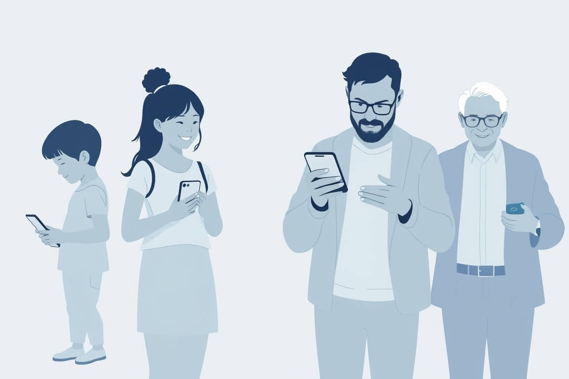 Ilustracja wektorowa przedstawiająca cztery osoby różnych pokoleń korzystające z telefonów komórkowych: dziecko, nastolatkę, dorosłego mężczyznę i starszego pana, w nowoczesnym minimalistycznym stylu, na jasnym tle.