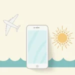 smartfon na tle morskich fal, obok słońce i lecący samolot. Symbol przygotowania telefonu na wakacyjne podróże