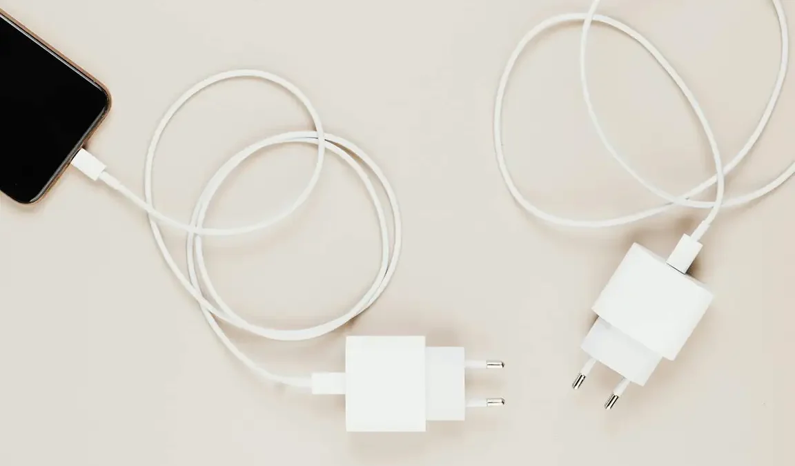 Białe ładowarki sieciowe z przewodem USB-C — jedna podłączona do smartfona, druga leży obok na jasnym tle.