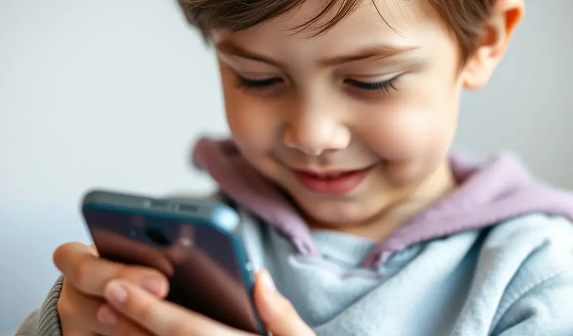 Uśmiechnięte dziecko w bluzie przygląda się z zaciekawieniem trzymanemu w dłoniach smartfonowi