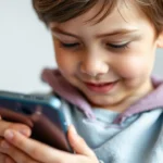 Uśmiechnięte dziecko w bluzie przygląda się z zaciekawieniem trzymanemu w dłoniach smartfonowi