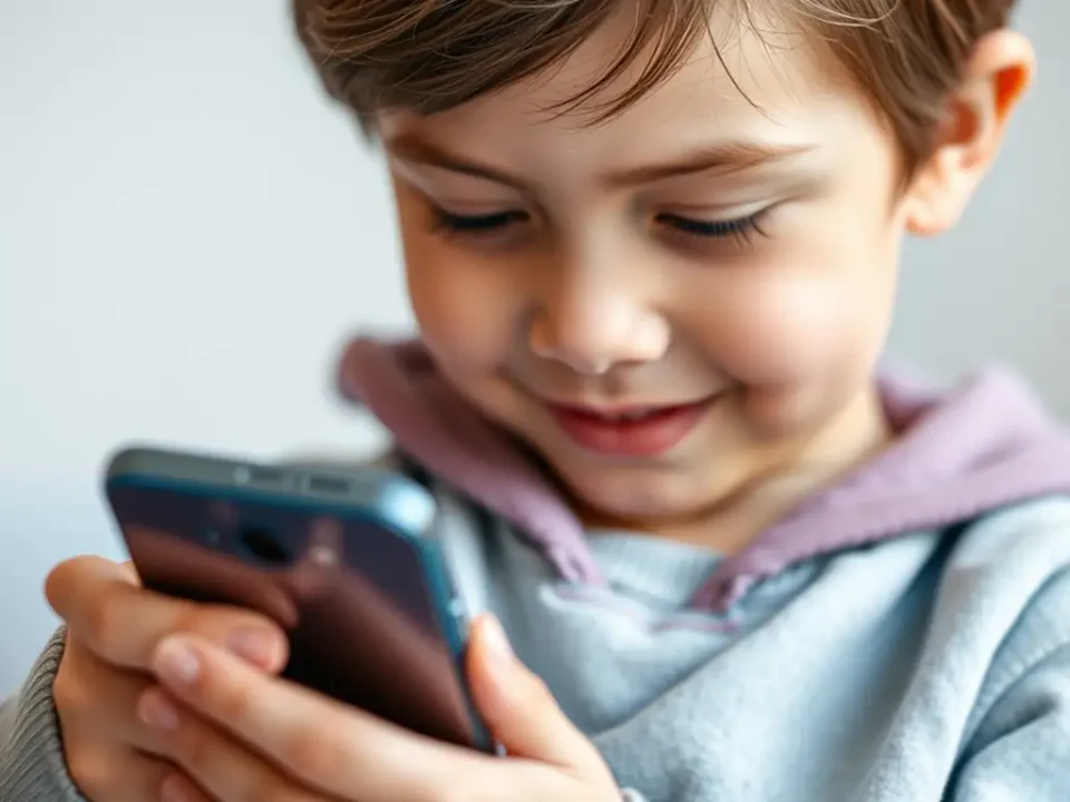 Uśmiechnięte dziecko w bluzie przygląda się z zaciekawieniem trzymanemu w dłoniach smartfonowi