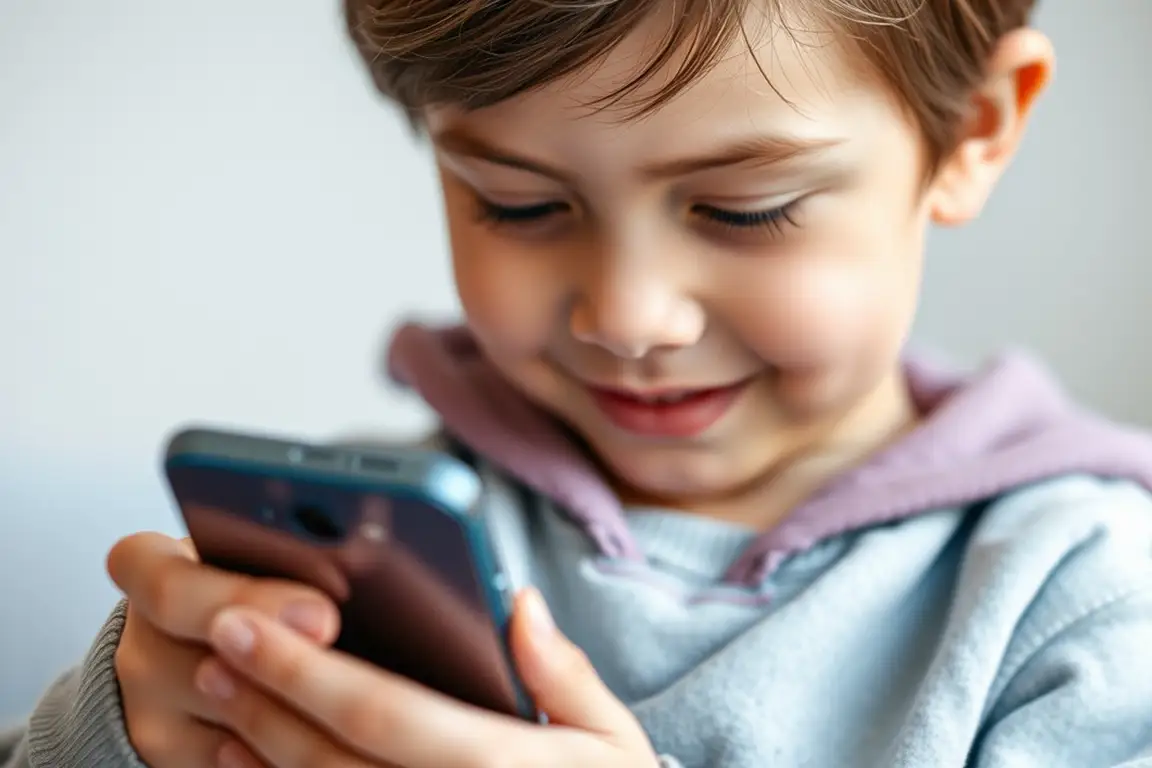 Uśmiechnięte dziecko w bluzie przygląda się z zaciekawieniem trzymanemu w dłoniach smartfonowi