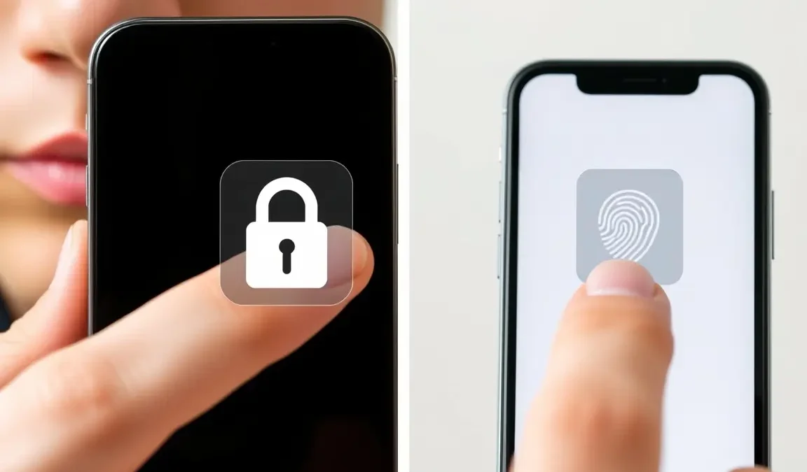 Zbliżenie na odblokowanie telefonu biometrią, Face ID przy twarzy lub kciuk na czytniku linii papilarnych, z subtelnym symbolem niepowodzenia, ilustrujące problem z Face ID / Touch ID.