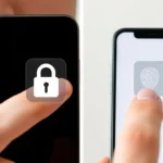 Zbliżenie na odblokowanie telefonu biometrią, Face ID przy twarzy lub kciuk na czytniku linii papilarnych, z subtelnym symbolem niepowodzenia, ilustrujące problem z Face ID / Touch ID.