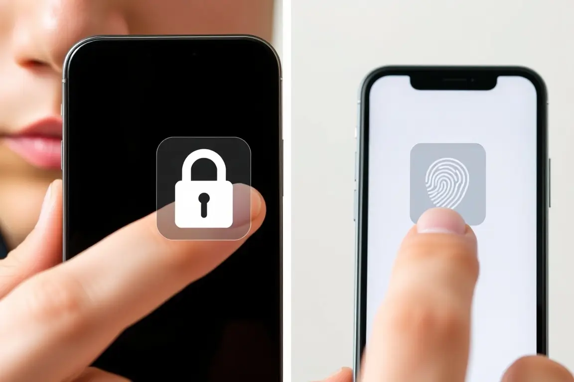 Zbliżenie na odblokowanie telefonu biometrią, Face ID przy twarzy lub kciuk na czytniku linii papilarnych, z subtelnym symbolem niepowodzenia, ilustrujące problem z Face ID / Touch ID.