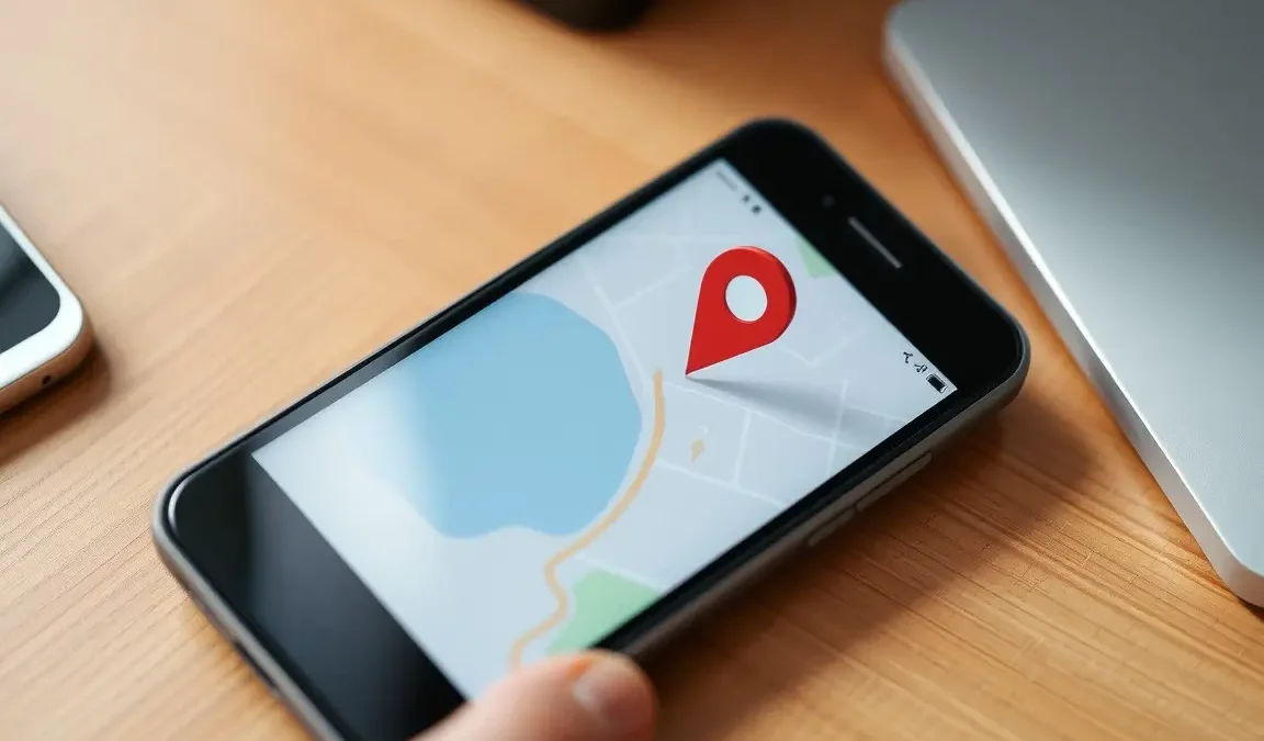 Smartfon leżący na biurku z otwartą aplikacją map i widoczną czerwoną pinezką lokalizacji, symbolizujący problem z działaniem GPS w telefonie.